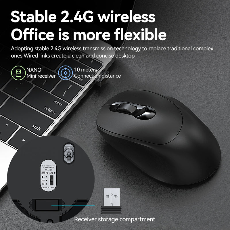 🖱️Q8 Wireless Silent Mouse – Silent, Rechargeable, Dual-Mode (Bluetooth + USB)