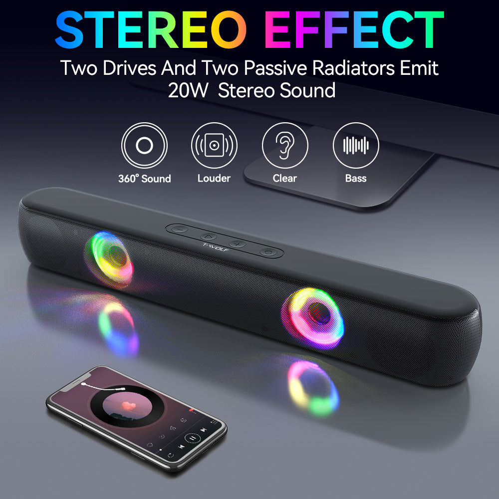 BT320 RGB Bluetooth Speaker – Dual 5W Stereo, TWS, Wireless Soundbar with Colorful Lights